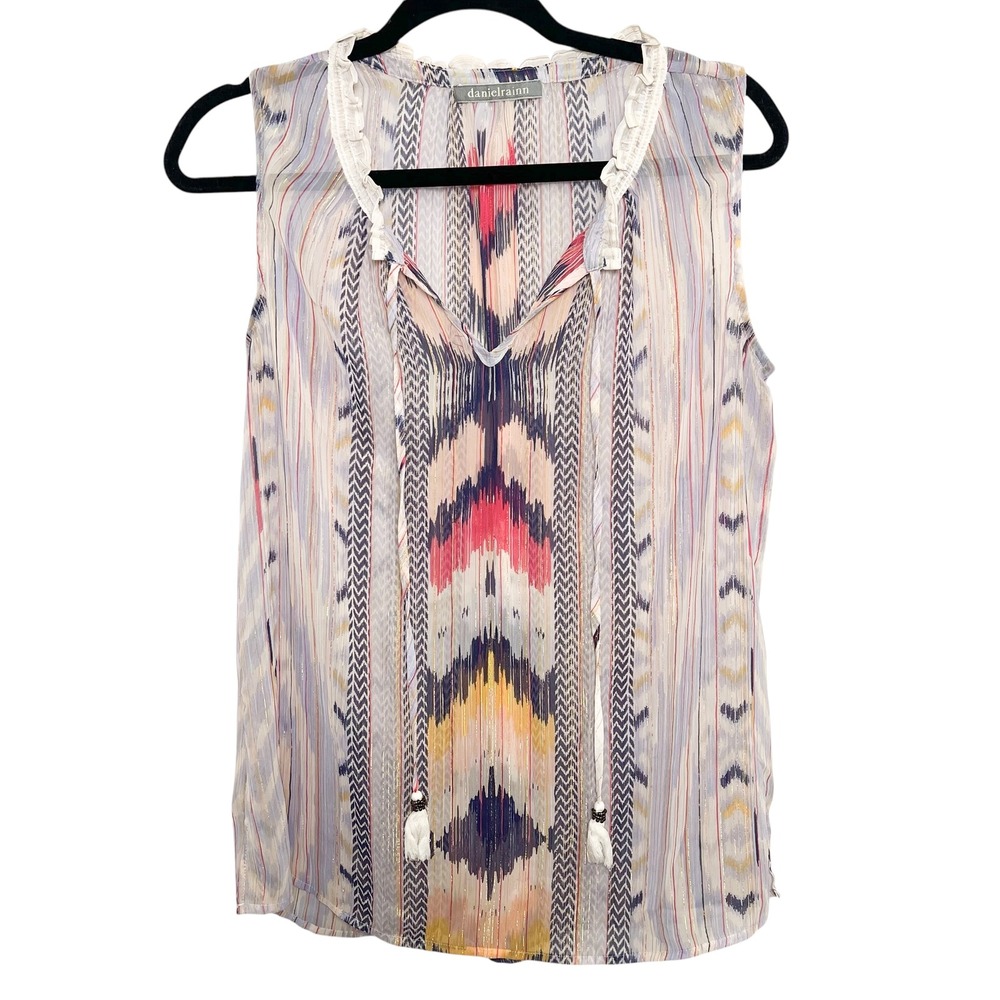 Daniel Rainn Womens Sleeveless Semi Sheer Blouse Top Multicolor Boho‎ Size Large